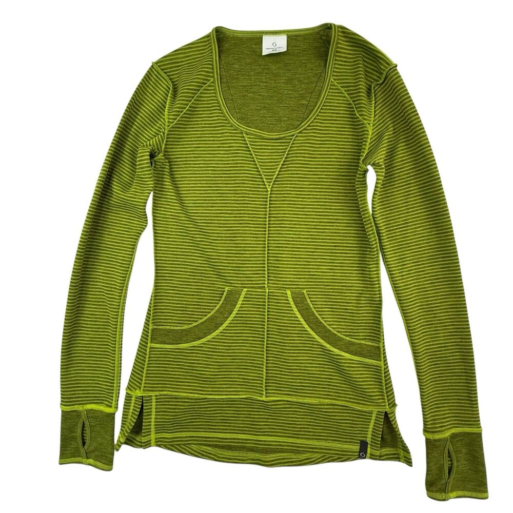 Moving Comfort Long Sleeve Reversible Striped Shirt Women Small Green Thumbholes
